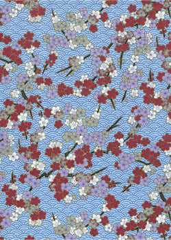 1049C Yuzen Chiyogami--Maroon and white plum blossoms on a traditional blue background