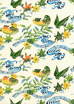 128W Katazome-shi--birds, leaves, and flowers in greens and blues on white background