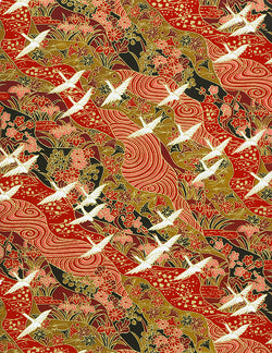 451C Yuzen Chiyogami--white cranes on gold, black, red, and pink background
