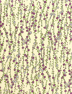 192-737C Yuzen Chiyogami--purple and silver plum blossoms on branches with cream background