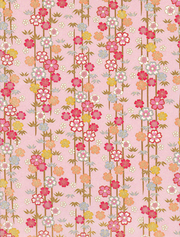 992-993C  Yuzen Chiyogam--Colorful strings of flowers in yellow, pink, and grey on a pink background