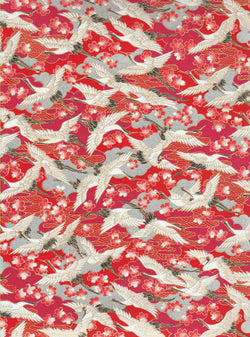 1024-1025C Yuzen Chiyogami--White and black cranes on a red background with red and white cherry blossoms