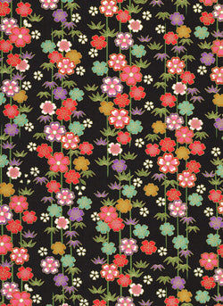 992C  Yuzen Chiyogam--Colorful strings of flowers in green, purple, pink, and red on a black background
