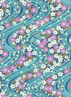 994C  Yuzen Chiyogami--Waves of purple and white flowers on a turquoise background