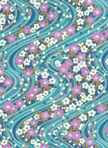 994C  Yuzen Chiyogami--Waves of purple and white flowers on a turquoise background
