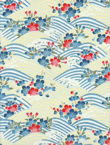 1009C  Yuzen Chiyogami --Red and blue cherry and plum blossoms on a blue, yellow, and silver wave pattern