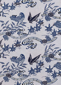 102W Katazome-shi--birds, leaves, and flowers in dark blues on light blue background