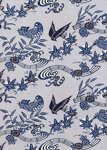 102W Katazome-shi--birds, leaves, and flowers in dark blues on light blue background