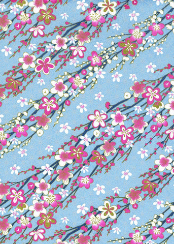 1043C  Yuzen Chiyogami--Pink and white plum blossoms on turquoise background