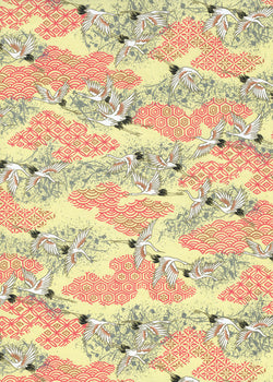 1048C Yuzen Chiyogami--White and black cranes on red and cream background