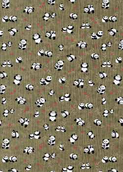 1066C Yuzen Chiyogami--black and white pandas on natural background with bamboo motifs and red accents