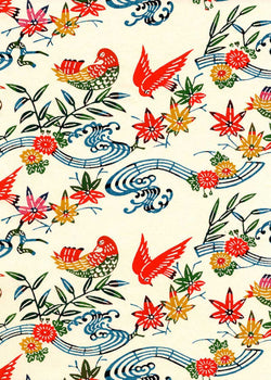 130W Katazome-shi--birds, leaves, and flowers in reds and blues on white background