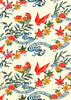 130W Katazome-shi--birds, leaves, and flowers in reds and blues on white background