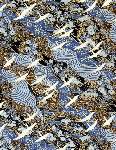 24C Yuzen Chiyogami--White cranes with gold accents on a blue background