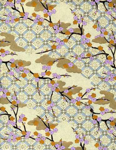879-277C Yuzen Chiyogami-- lilac and copper plum blossoms on light blue, gold, and pale cream background