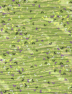 316C Yuzen Chiyogami--white, purple, black, and yellow butterflies on green background with peach, black, and purple accents