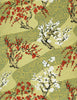 432-339C Yuzen Chiyogami--branches of white and red cherry blossoms on gold and celadon green background