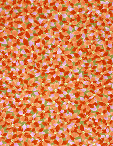 485-393C Yuzen Chiyogami--Blossoms in light orange, orange, and pink with green in background