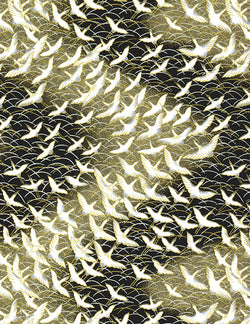 123-41C Yuzen Chiyogami--White cranes with gold accents on a gold and black background