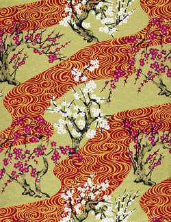 432C Yuzen Chiyogami--branches of white and magenta cherry blossoms on gold and red background