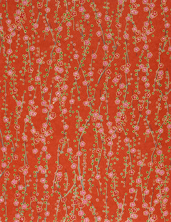 192-445C Yuzen Chiyogami--pink and red plum blossoms on branches with coral/red background