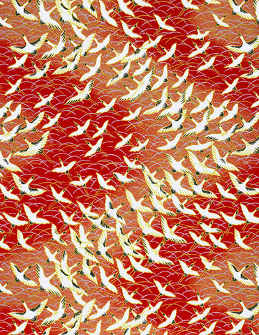 123-482C Yuzen Chiyogami--White cranes with gold accents on a gold and red background