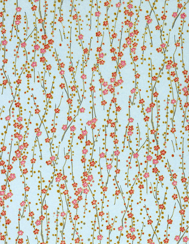 192-503C Yuzen Chiyogami--pink and red plum blossoms on branches with blue background