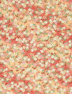 566C Yuzen Chiyogami--white, pink, and red flowers on peach background