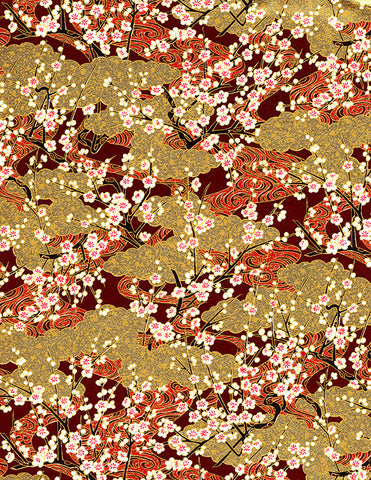 697-668C Yuzen Chiyogami--branches of white plum blossoms on gold and maroon background