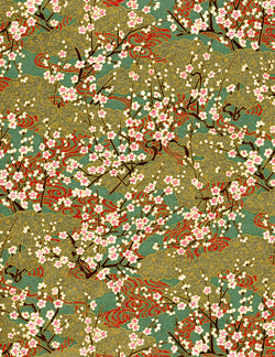 697-692C Yuzen Chiyogami--branches of white plum blossoms on gold and green background
