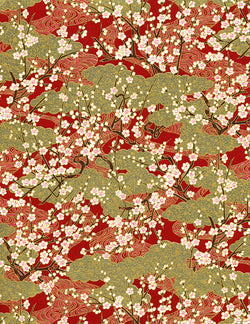697C Yuzen Chiyogami--branches of white plum blossoms on gold and red background