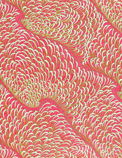 707C Yuzen Chiyogami--feather-like motif of white, gold, and red accents on a pink and red background