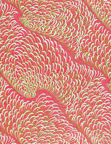 707C Yuzen Chiyogami--feather-like motif of white, gold, and red accents on a pink and red background