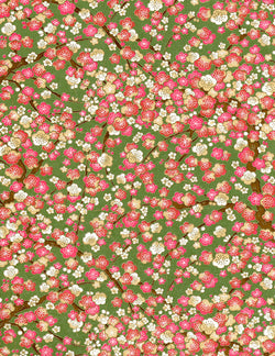 884-718C Yuzen Chiyogami--branches of tan, pink, and white plum blossoms on jade green background