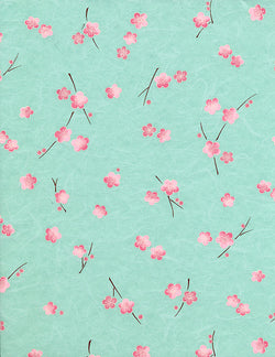 732-735C Yuzen Chiyogami--branches of pink plum blossoms on a blue background