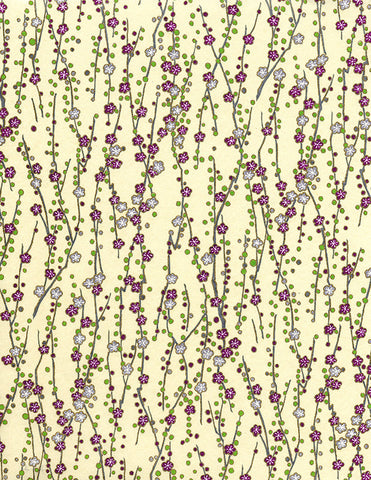 192-737C Yuzen Chiyogami--purple and silver plum blossoms on branches with cream background