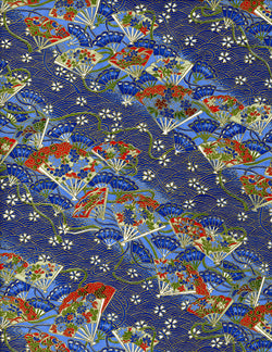 758C Yuzen Chiyogami--Red and blue fans on a blue background