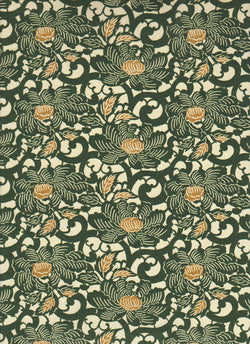 769C Yuzen Chiyogami--Green and gold flower motifs on a cream background.