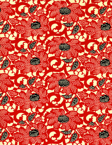770C Yuzen Chiyogami--red flowers with black leaf accents on cream background