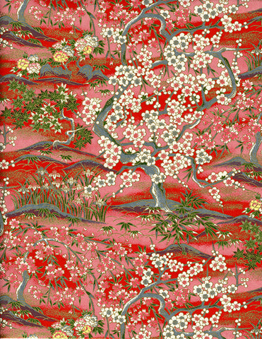776C Yuzen Chiyogami--trees of white and pink cherry blossoms on red background