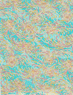 704-795C Yuzen Chiyogami-- feather-like white, pink, and yellow motif on blue background.