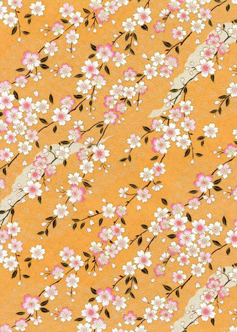 796-797C Yuzen Chiyogami-- Pink and white cherry blossoms on orange background.