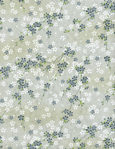 809-812C Yuzen Chiyogami--branches of white and grey cherry blossoms on grey background