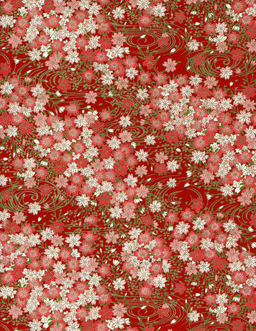 824-826C Yuzen Chiyogami--white and pink cherry blossoms on deep red background