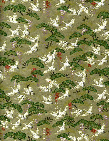 828C Yuzen Chiyogami--white cranes with wisteria on gold and green background