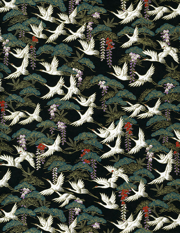 828-829C Yuzen Chiyogami--white cranes with wisteria on black and green background