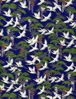 828-830C Yuzen Chiyogami--white cranes with wisteria on deep blue and green background