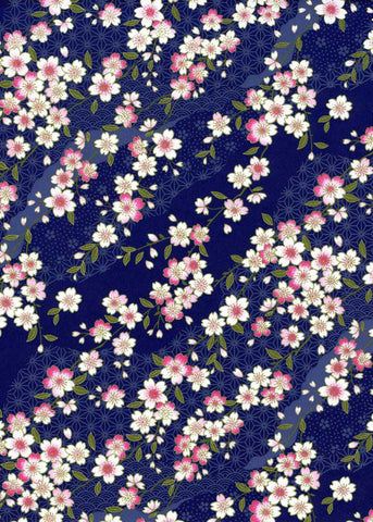 796-854C Yuzen Chiyogami-- Pink and white cherry blossoms on a dark blue background