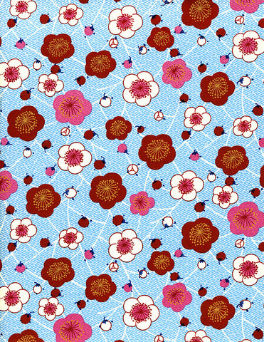 855C Yuzen Chiyogami--Red, pink, and white plum blossoms on a light blue background