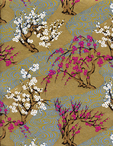 432-859C Yuzen Chiyogami--branches of white and magenta cherry blossoms on gold and blue/grey background